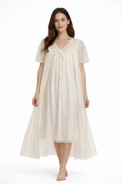 Vintage 1960s–1970s Avian Ivory Sheer Peignoir Robe & Nightgown Set medium